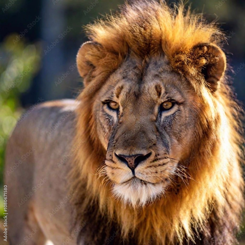 Fototapeta premium A close-up photo of a lion with sunlight catching its mane, deep focus on its calm expression and the golden light reflecting in its eyes, eye-level shot portraying a serene and majestic mood