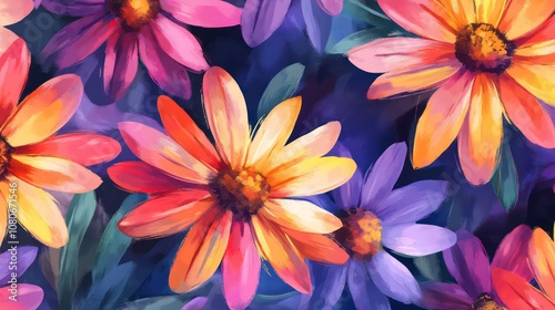 Hand-illustrated flower pattern. Lively hues, watercolor art