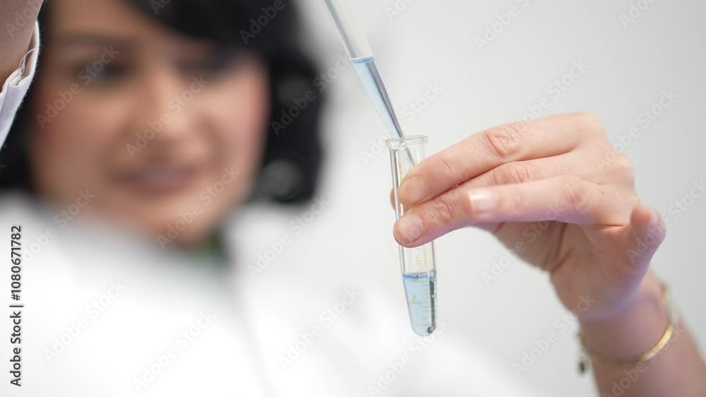 Female scientist carefully handling a pipette to transfer a liquid sample into a graduated test tube, emphasizing accuracy and concentration. Concept of scientific research and laboratory precision Female scientist carefully handling a pipette to transfer a liquid sample into a graduated test tube, emphasizing accuracy and concentration. Concept of scientific research and laboratory precision