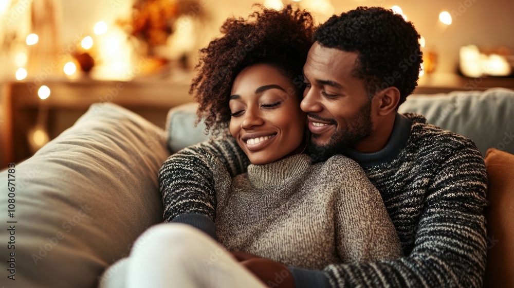 Fototapeta premium Couple cuddling on a couch, wearing cozy sweaters, a feeling of warmth and comfort 
