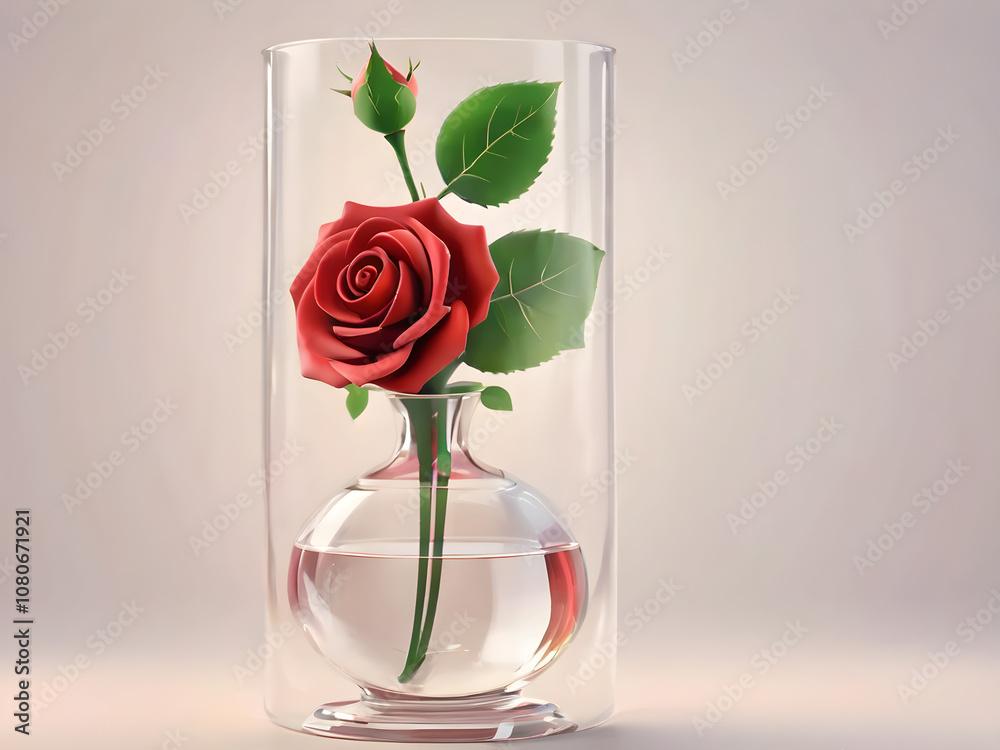 Fototapeta premium Red rose icon in a glass vase. The details of the petals and stem are clear. The colors are bright and 
