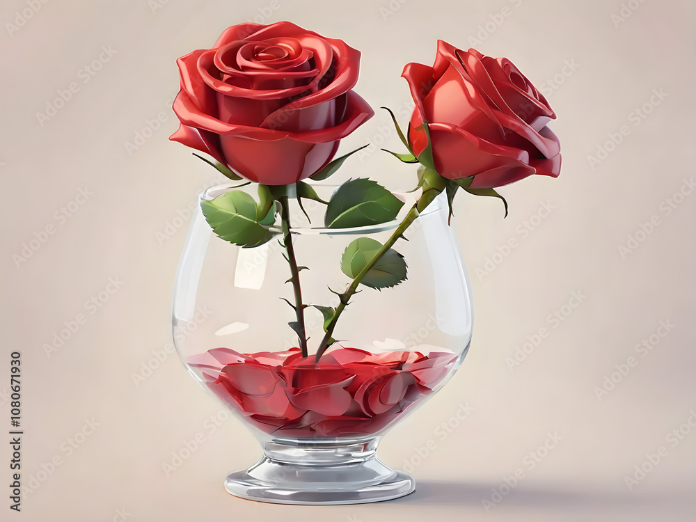 Fototapeta premium Red rose icon in a glass vase. The details of the petals and stem are clear. The colors are bright and 