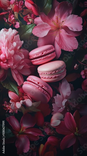 Pink macarons surrounded by pink flowers and leaves creating a beautiful arrangement