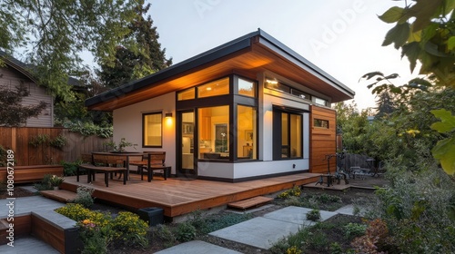 Modern, small home with a large deck and landscaping. The home has a large window showcasing the interior with warm lighting.