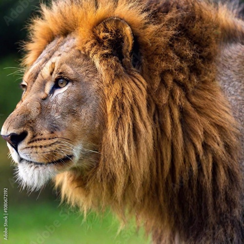 A close-up photo portrait of a lion in profile, deep focus on the curve of its nose and the texture of its whiskers, eye-level shot highlighting its elegant and fierce nature photo