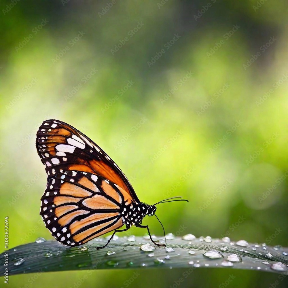 Fototapeta premium A close-up photo of a butterfly with dew drops on its wings in the early morning light, deep focus emphasizing the tiny water droplets and the texture of its wing scales, eye-level shot creating an in