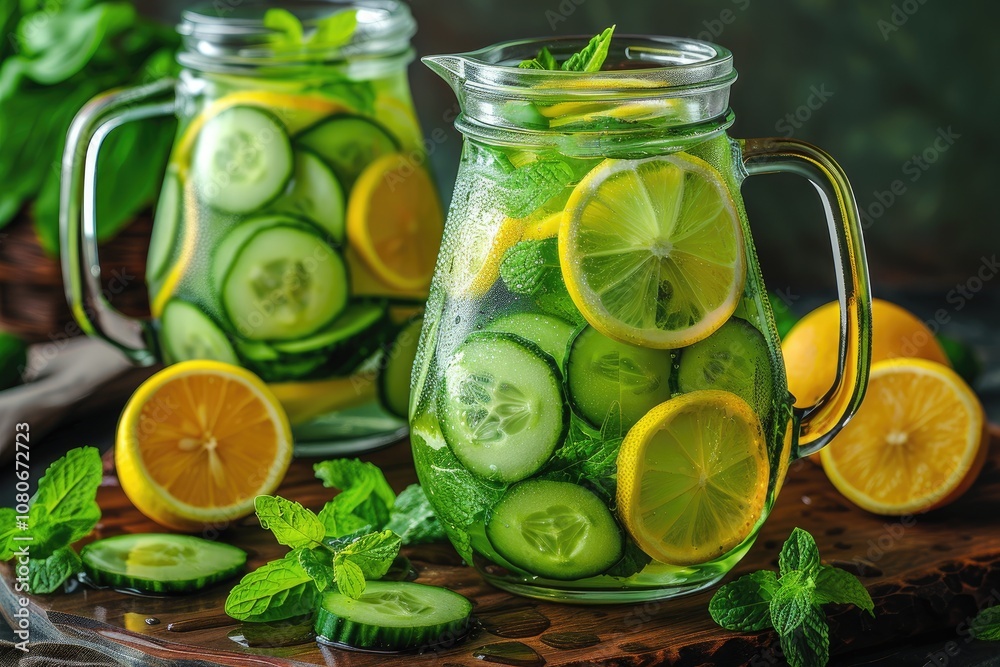 Refreshing Cucumber, Lemon, and Mint Infused Water in Glass Pitchers