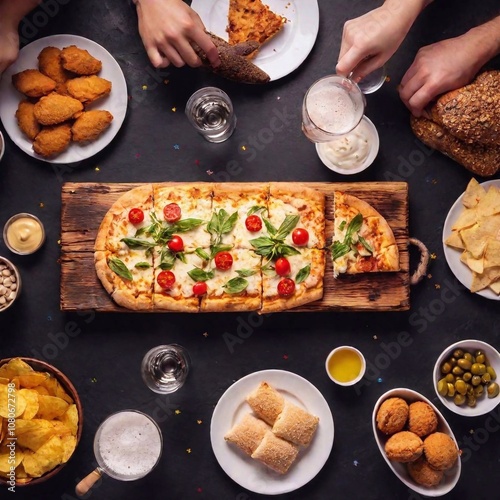an extreme long shot of a party scene with a large table covered in a spread of junk food like pizza, wings, sliders, and various desserts. Show the full party setup including decorations and guests e