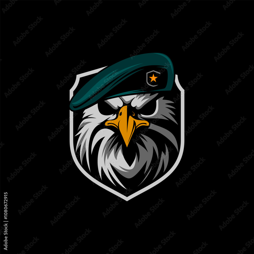 Fototapeta premium Military Eagle logo, wings, eagle wearing beret logo design vector.