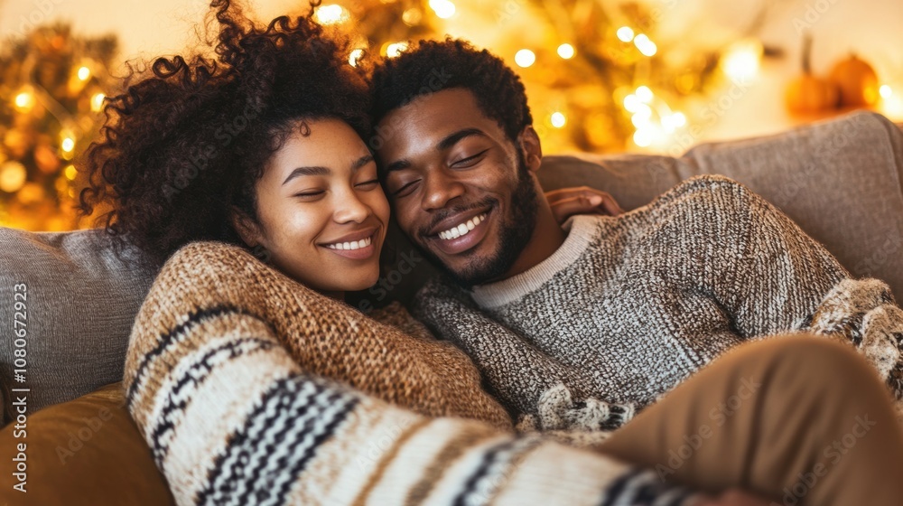 Couple cuddling on a couch, wearing cozy sweaters, a feeling of warmth and comfort Couple cuddling on a couch, wearing cozy sweaters, a feeling of warmth and comfort