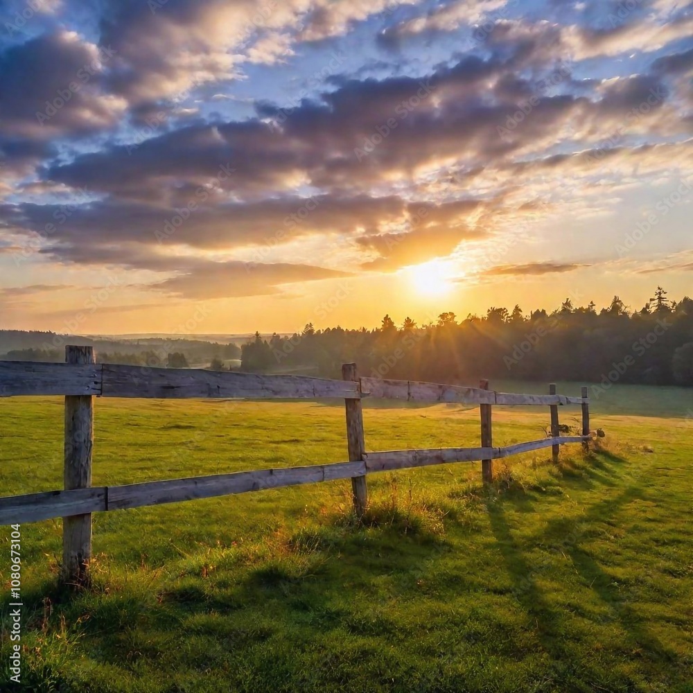 A high-resolution ultrarealistic image captures a serene countryside at sunrise. The digital photo depicts a sun rising behind a line of tall pine trees, casting golden sunlight across a dew-covered g A high-resolution ultrarealistic image captures a serene countryside at sunrise. The digital photo depicts a sun rising behind a line of tall pine trees, casting golden sunlight across a dew-covered g