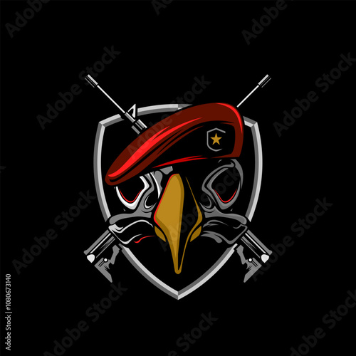 Military Eagle logo. eagle wearing beret with crossed rifle shield logo design vector.