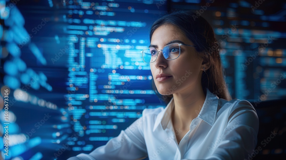 female programmer in glasses analyzing code on a digital screen, symbolizing software development, coding, and data analysis. female programmer in glasses analyzing code on a digital screen, symbolizing software development, coding, and data analysis.