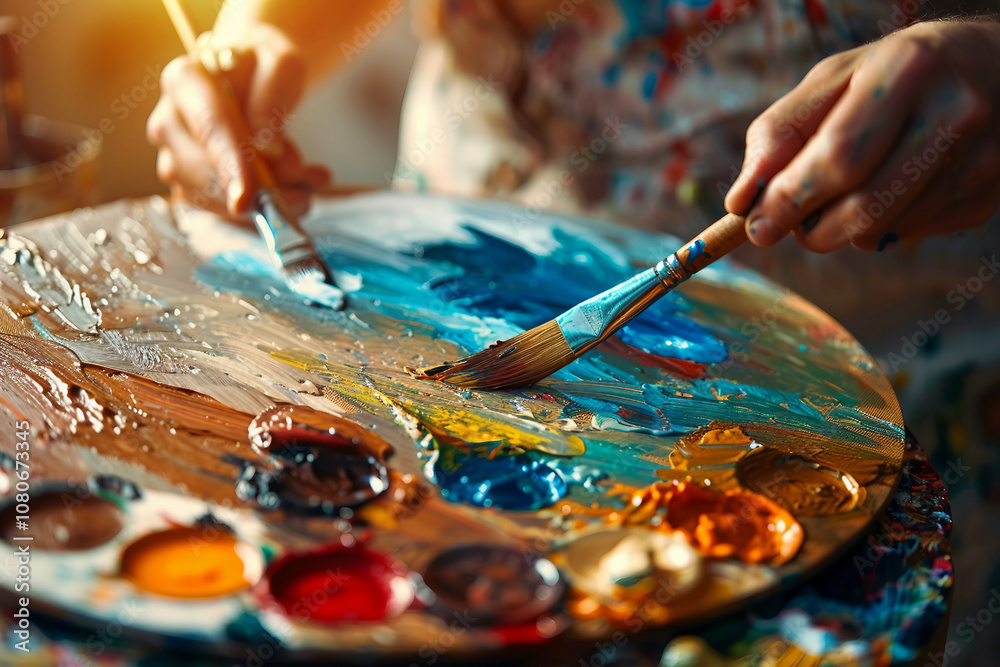 Artist's palette covered in colorful oil paint and canvas generative AI picture Artist's palette covered in colorful oil paint and canvas generative AI picture