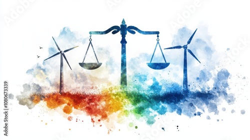 Balancing sustainability with justice, watercolor illustration on white background.