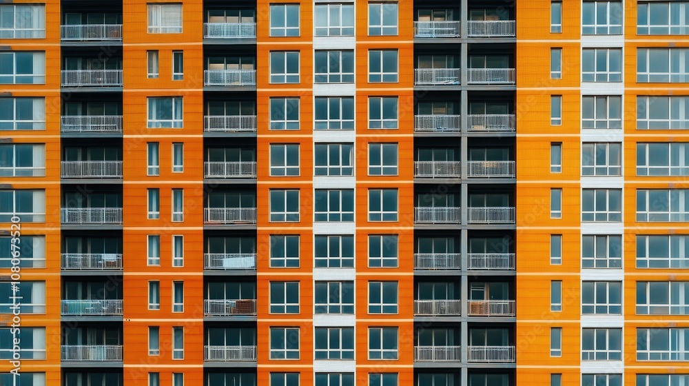 An orange and gray building with many windows. The windows are all rectangular and evenly spaced. An orange and gray building with many windows. The windows are all rectangular and evenly spaced.