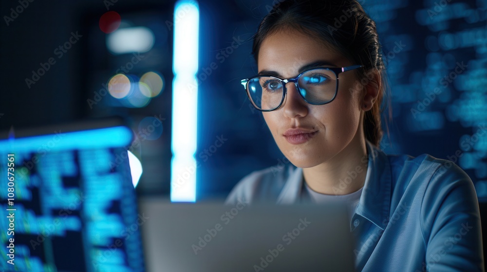 Young woman with glasses intently working on computer code in a dark, modern office environment with blue screen reflections on her face. Young woman with glasses intently working on computer code in a dark, modern office environment with blue screen reflections on her face.