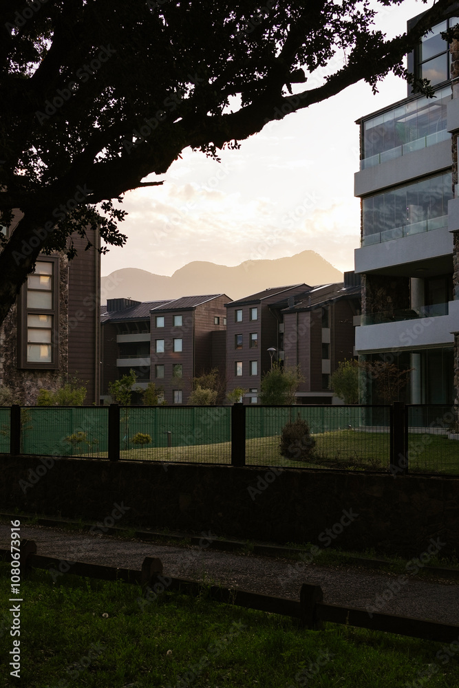 Obraz premium Residential building area in Pucon town at sunrise. Araucania Region, Chile