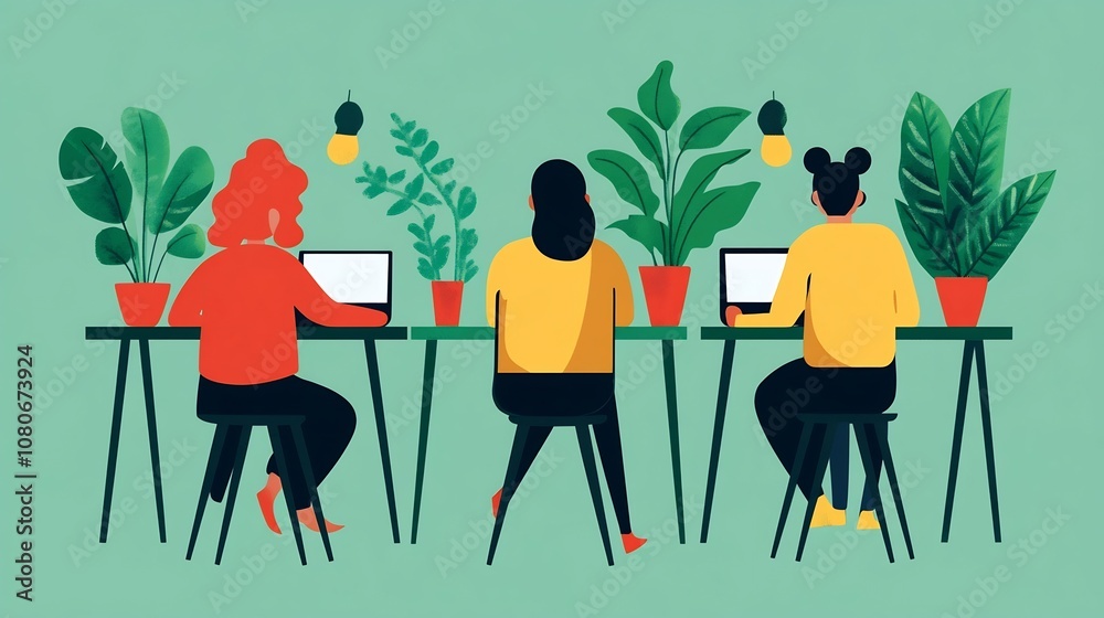 Fototapeta premium Eco-Friendly Workspace with Lush Greenery and Collaborative Technology
