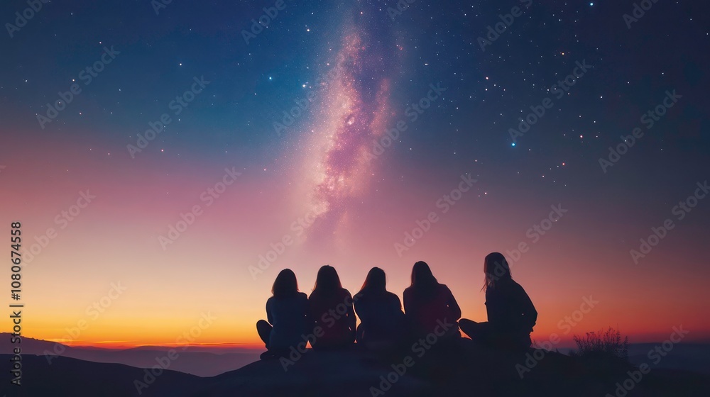 Four friends sit on a mountaintop at dusk, gazing up at the Milky Way. Four friends sit on a mountaintop at dusk, gazing up at the Milky Way.