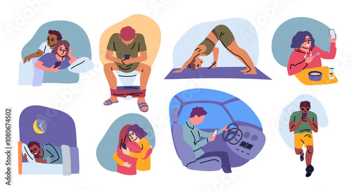 Cartoon Color Characters People using Mobile Phones and Gadget Addiction Concept Flat Design Style. Vector illustration