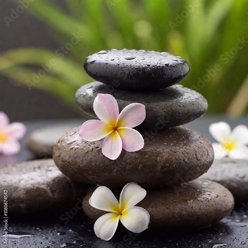 A high-resolution digital artwork of a serene zen arrangement, featuring four smooth, dark gray pebbles meticulously stacked. Vibrant green bamboo leaves sprout gracefully from between the stones, add