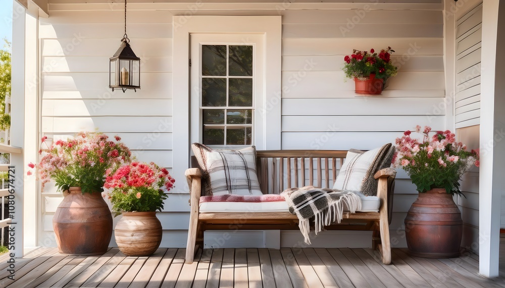 Fototapeta premium Cozy Porch with Wooden Bench and Flowers