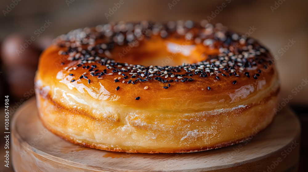 Delicious glazed donut with sesame seeds on rustic wooden board Delicious glazed donut with sesame seeds on rustic wooden board