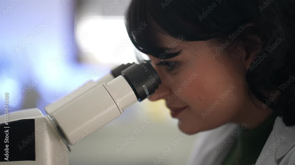Close-up of a female scientist focused on observing a sample under a microscope in a modern laboratory. Concept of scientific precision, laboratory research, and professional expertise. Close-up of a female scientist focused on observing a sample under a microscope in a modern laboratory. Concept of scientific precision, laboratory research, and professional expertise.