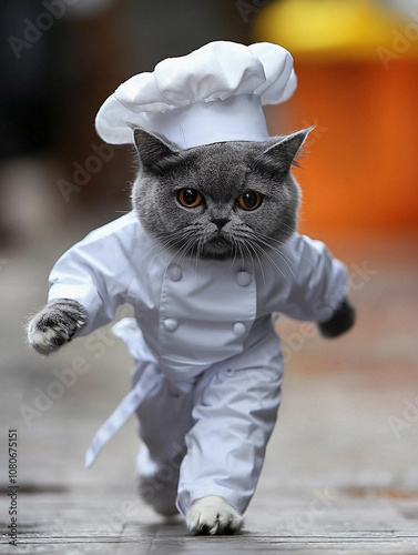 A full chef outfit being modelled by an upright common tabby cat.. photo