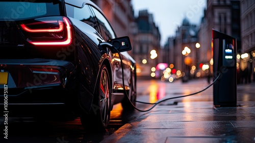 Electric Car Charging at Night in City