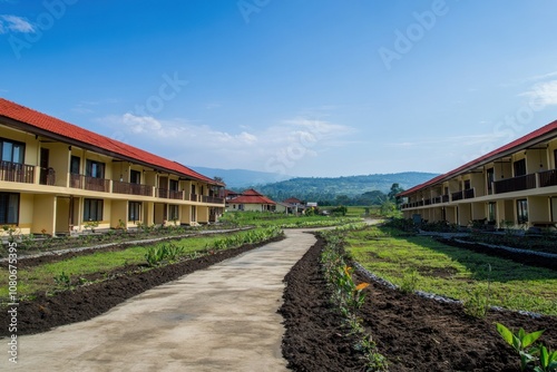 Scenic view of a resort with pathways and landscaped gardens under a clear blue sky.