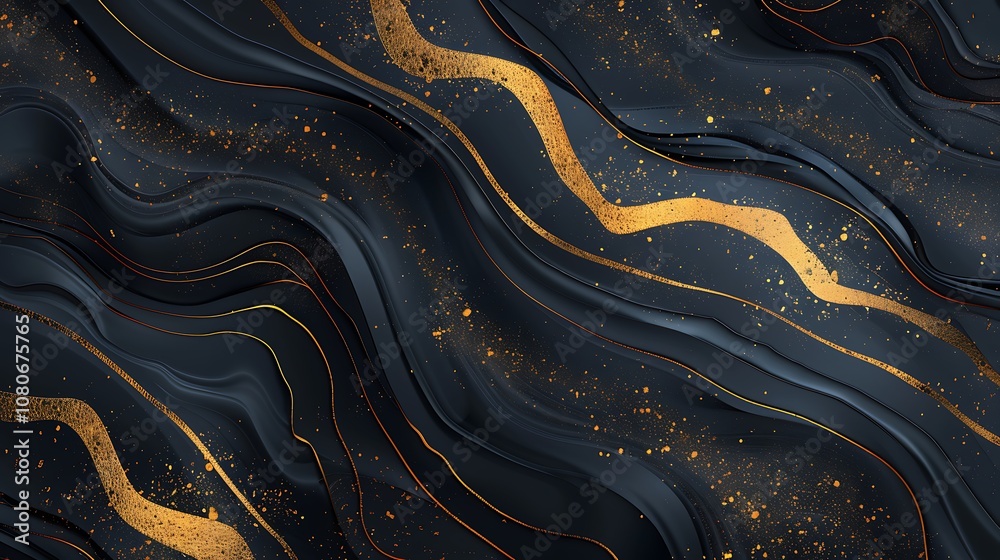 Abstract design featuring flowing black and gold waves with a textured appearance. Abstract design featuring flowing black and gold waves with a textured appearance.