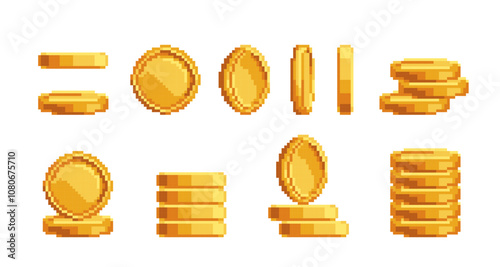 Cartoon Different Golden Coin Set Pixel Art Concept Flat Design Style. Vector illustration of Pixelated Gold Coins