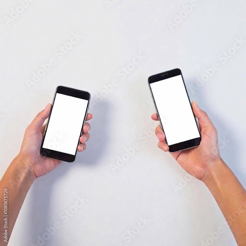 A high-resolution ultrarealistic image of two hands holding smartphones against a pure white background. The left hand is holding a smartphone at an angle, while the right hand is holding another smar photo