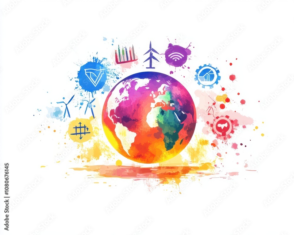 Colorful globe with icons representing global connectivity and sustainability. Colorful globe with icons representing global connectivity and sustainability.