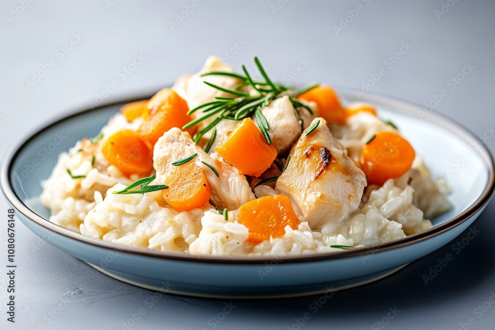 Delicious chicken risotto with carrots and fresh rosemary garnish Delicious chicken risotto with carrots and fresh rosemary garnish