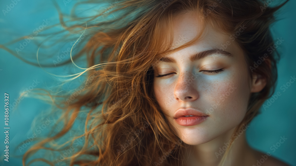 Serene woman with flowing hair and freckles in tranquil setting Serene woman with flowing hair and freckles in tranquil setting