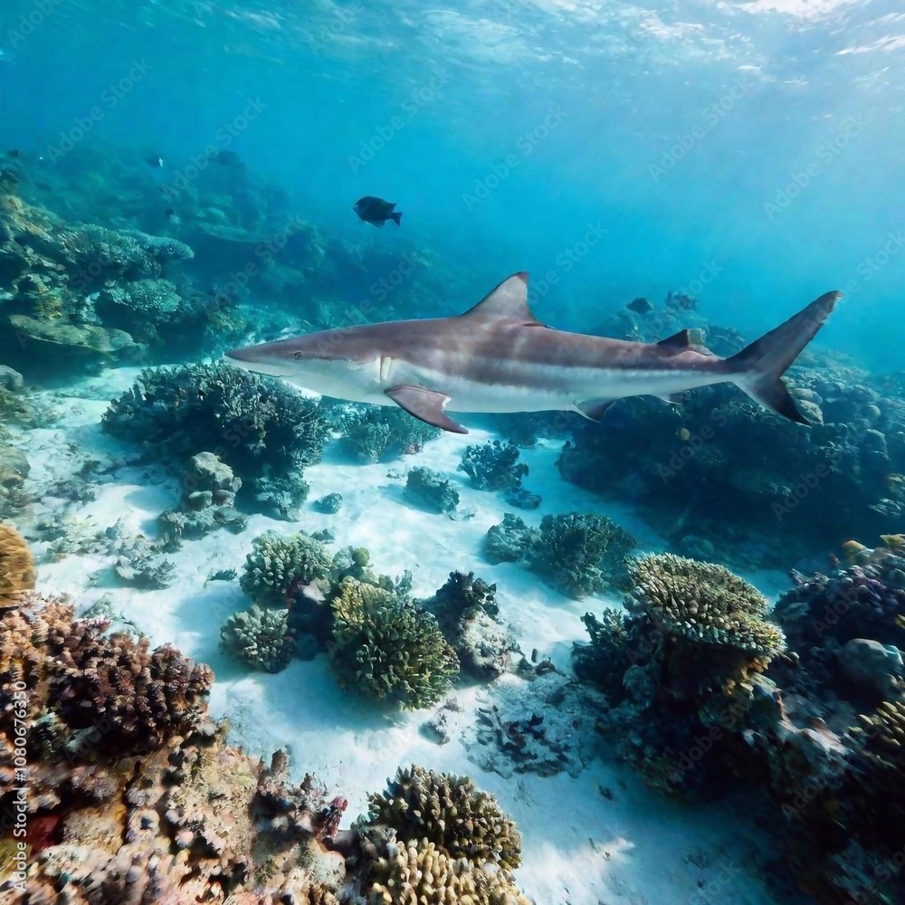 Long Shot (LS) of a hammerhead shark gliding above a coral reef, with rack focus transitioning between the shark and the reef Long Shot (LS) of a hammerhead shark gliding above a coral reef, with rack focus transitioning between the shark and the reef