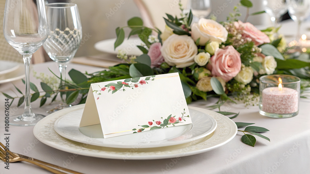 Paper Table Card. Paper. Wedding Table Setting with Flowers.
Paper Table Card. Paper. Wedding Table Setting with Flowers.