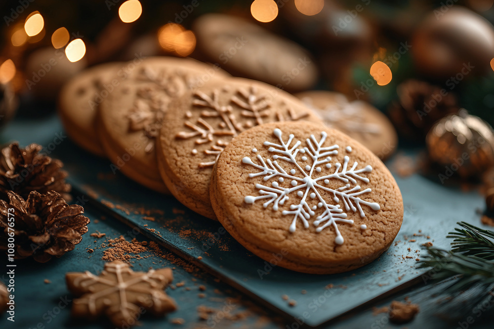 Generative AI image of festive Christmas cookies with holiday decorations and pinecones