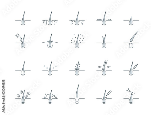 Hair Follicle Treatment Sign Black Thin Line Icon Set Cut, Shampoo, Spf, Loss, Trichology and Moisturizing. Vector illustration of Icons
