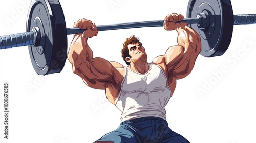 a 2D cartoon illustration of a weightlifter lifting a barbell, strong and intense, white background--ar 16:9 photo