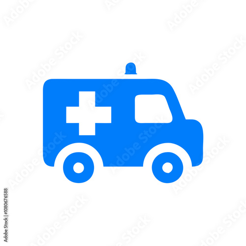 A blue emergency ambulance parked on a street, ready for action, with its distinctive cross symbol illuminated during daytime hours
