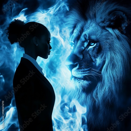 Empowered Woman Confronts Lion in Fiery Blue Scene photo