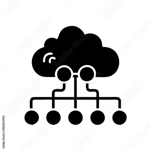 Abstract illustration of cloud computing concept with network connections and data flow represented by stylized lines and nodes against a simple white background
