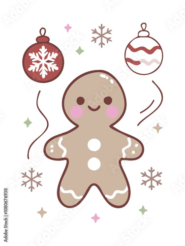 A cheerful gingerbread man surrounded by festive ornaments, snowflakes, and whimsical decorations during the holiday season in a cozy winter atmosphere