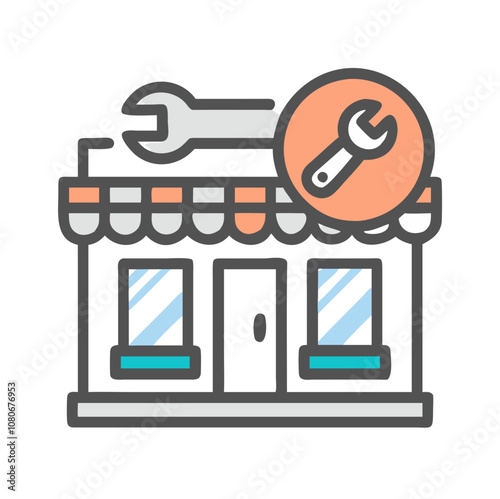 A small workshop building with a wrench symbol, indicating repair services, set against a simple design showcasing an approachable storefront during daylight