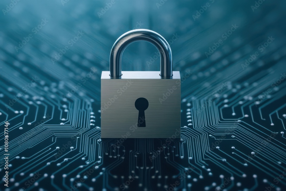 Abstract circuit board with a lock overlay, symbolizing hardware and software protection against threats Abstract circuit board with a lock overlay, symbolizing hardware and software protection against threats