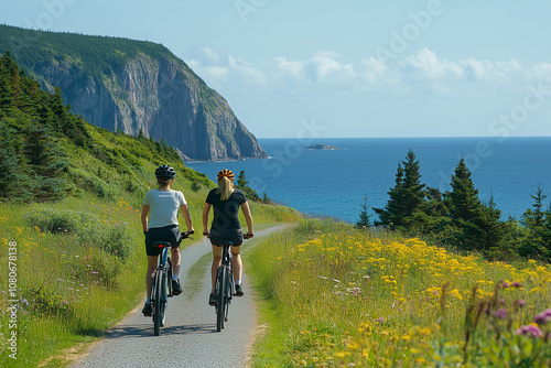 a couple riding bikes together on a scenic path, enjoying an active lifestyle